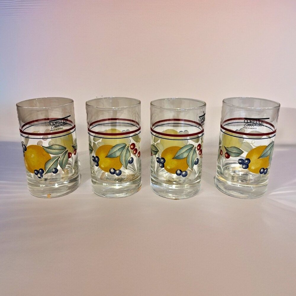 Set Of 4 Vintage Corelle Abundance 4" Juice Glasses 6 Ounce Fruits Colorful NEW
